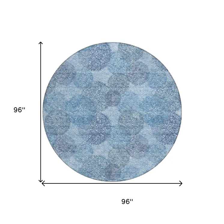 8' Denim Blue Navy Blue And Ivory Round Polka Dot Washable Indoor Outdoor Area Rug
