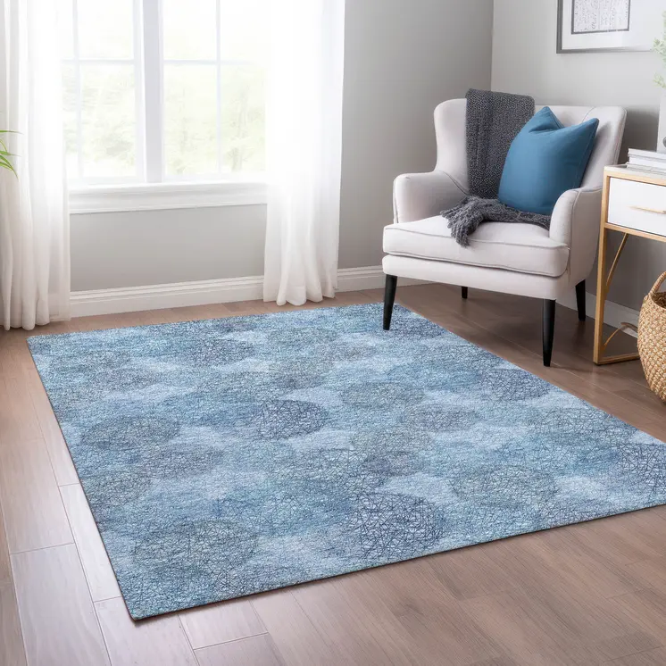 9' X 12' Denim Blue Navy Blue And Ivory Polka Dot Washable Indoor Outdoor Area Rug