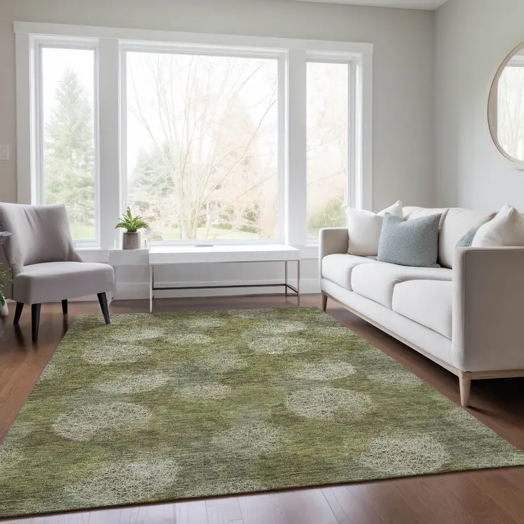3' X 5' Green Ivory And Sage Polka Dot Washable Indoor Outdoor Area Rug