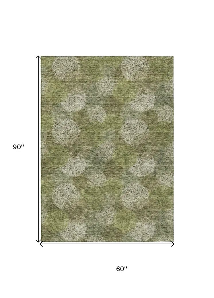 5' X 8' Green Ivory And Sage Polka Dot Washable Indoor Outdoor Area Rug