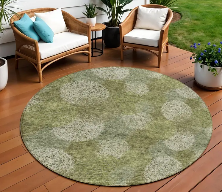 8' Green Ivory And Sage Round Polka Dot Washable Indoor Outdoor Area Rug