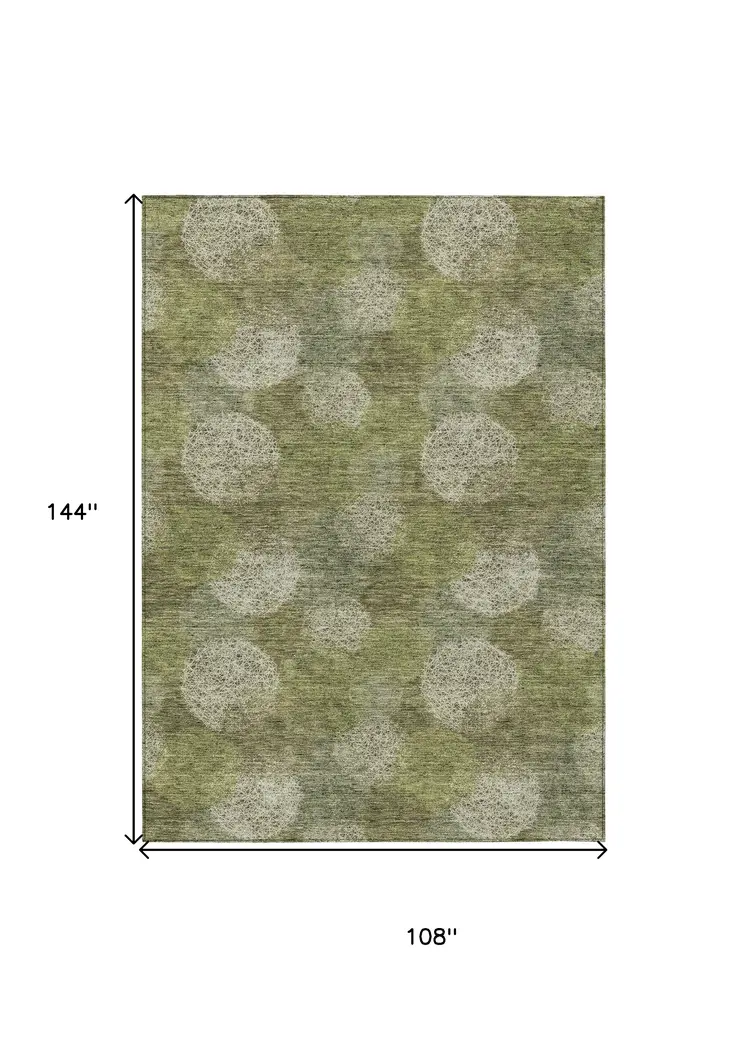 9' X 12' Green Ivory And Sage Polka Dot Washable Indoor Outdoor Area Rug