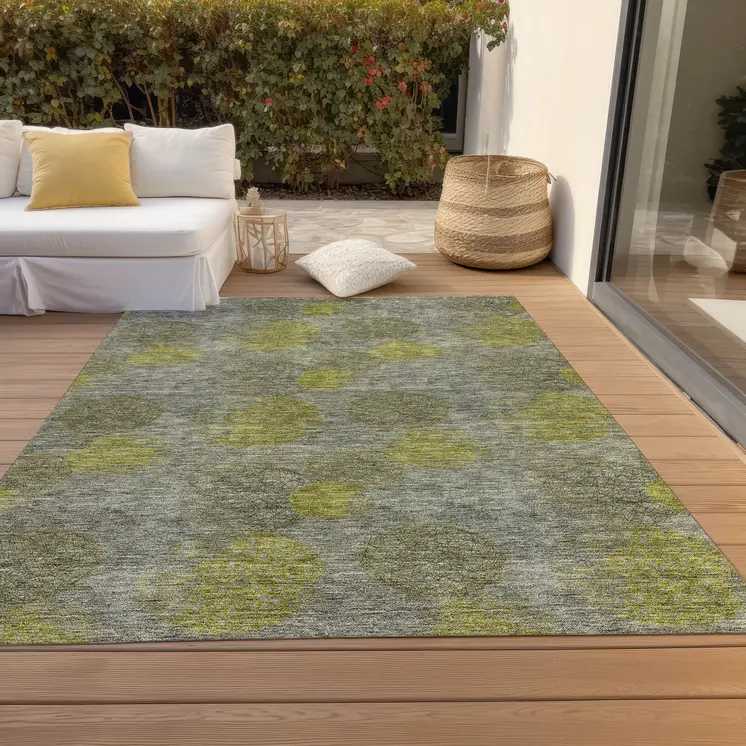 5' X 8' Gray Lime Green And Silver Polka Dot Washable Indoor Outdoor Area Rug