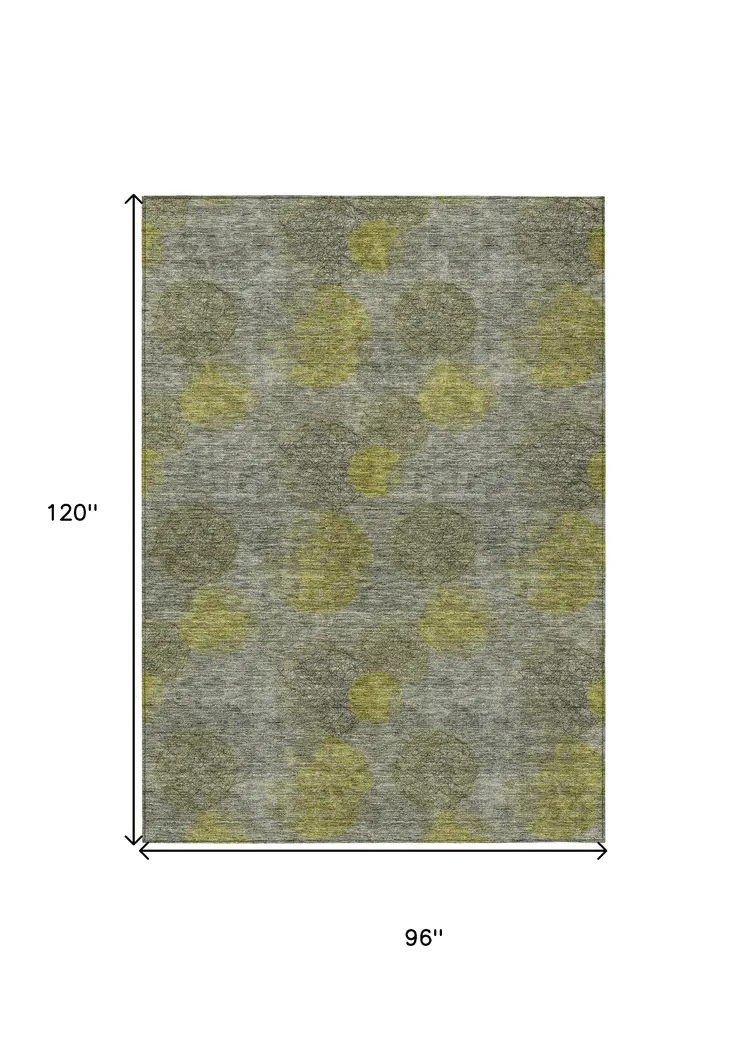 8' X 10' Gray Lime Green And Silver Polka Dot Washable Indoor Outdoor Area Rug
