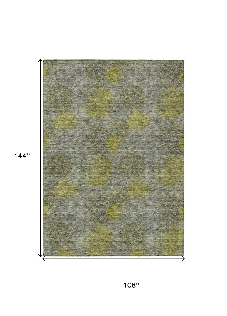 9' X 12' Gray Lime Green And Silver Polka Dot Washable Indoor Outdoor Area Rug