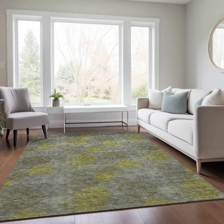 9' X 12' Gray Lime Green And Silver Polka Dot Washable Indoor Outdoor Area Rug