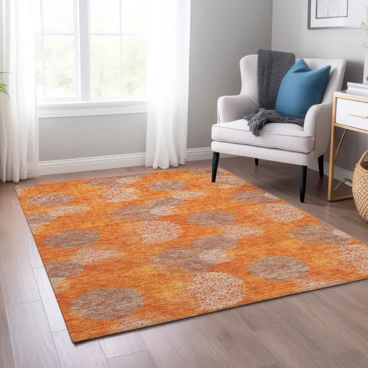 3' X 5' Orange Silver And Peach Polka Dot Washable Indoor Outdoor Area Rug