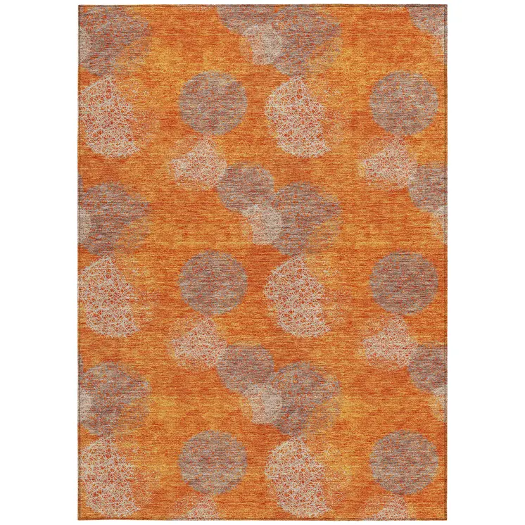10' X 14' Orange Silver And Peach Polka Dot Washable Indoor Outdoor Area Rug
