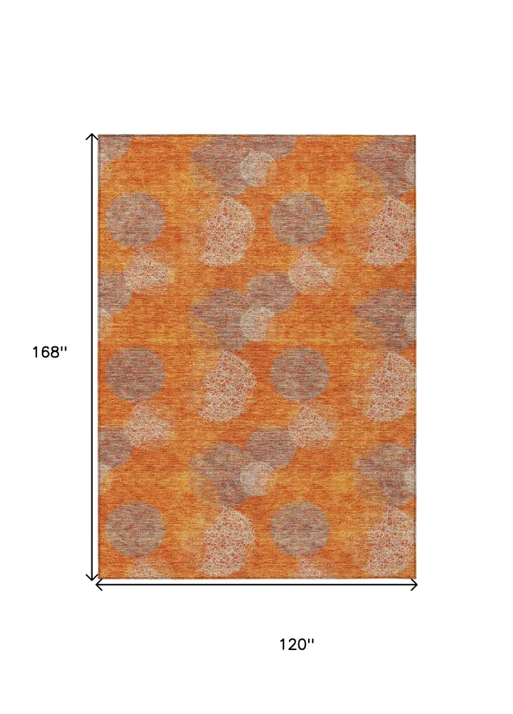 10' X 14' Orange Silver And Peach Polka Dot Washable Indoor Outdoor Area Rug
