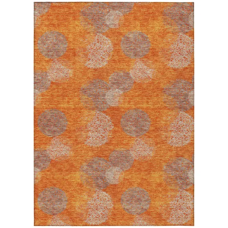 10' X 14' Orange Silver And Peach Polka Dot Washable Indoor Outdoor Area Rug