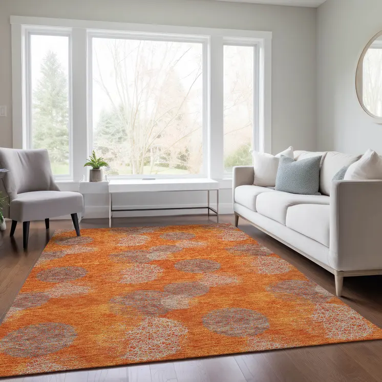 10' X 14' Orange Silver And Peach Polka Dot Washable Indoor Outdoor Area Rug