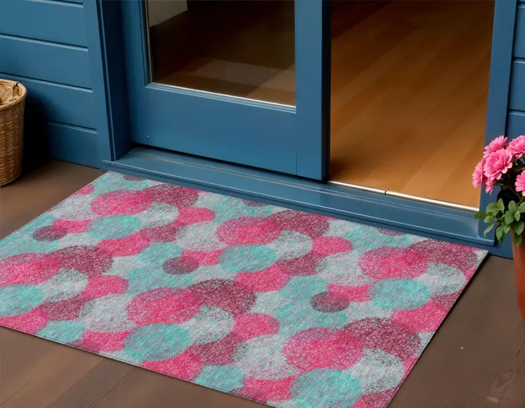 3' X 5' Pink Teal Blue And Burgundy Polka Dot Washable Indoor Outdoor Area Rug