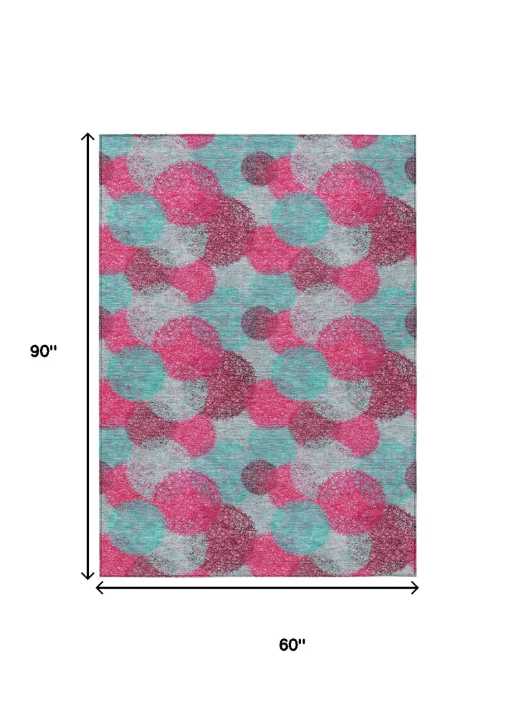 5' X 8' Pink Teal Blue And Burgundy Polka Dot Washable Indoor Outdoor Area Rug