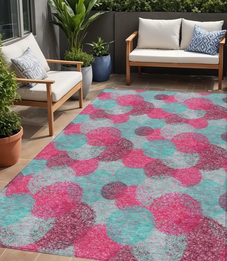 5' X 8' Pink Teal Blue And Burgundy Polka Dot Washable Indoor Outdoor Area Rug