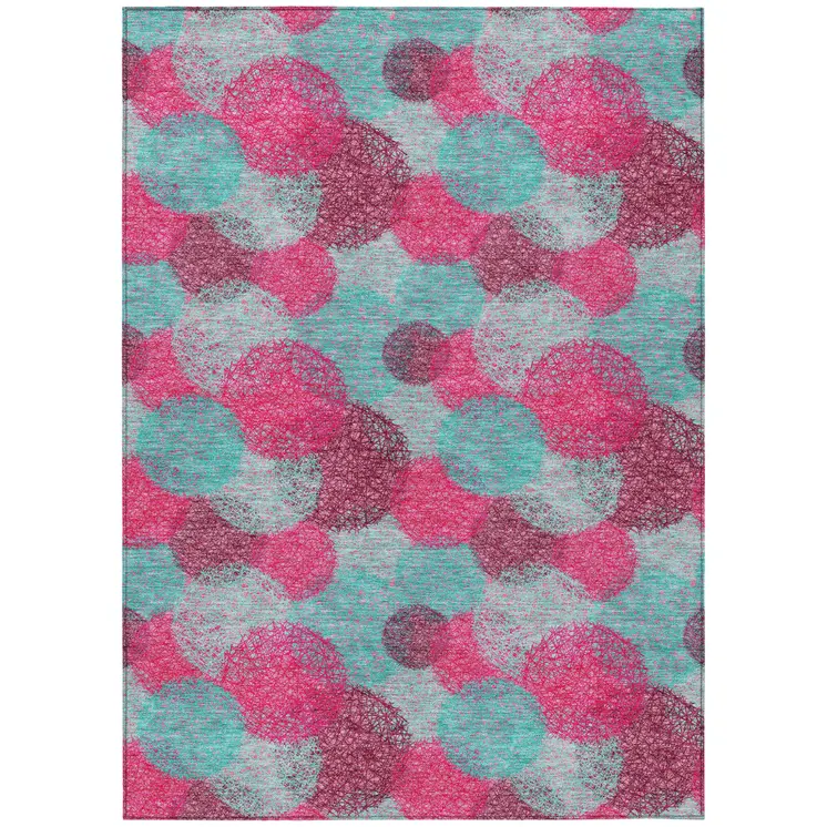 5' X 8' Pink Teal Blue And Burgundy Polka Dot Washable Indoor Outdoor Area Rug