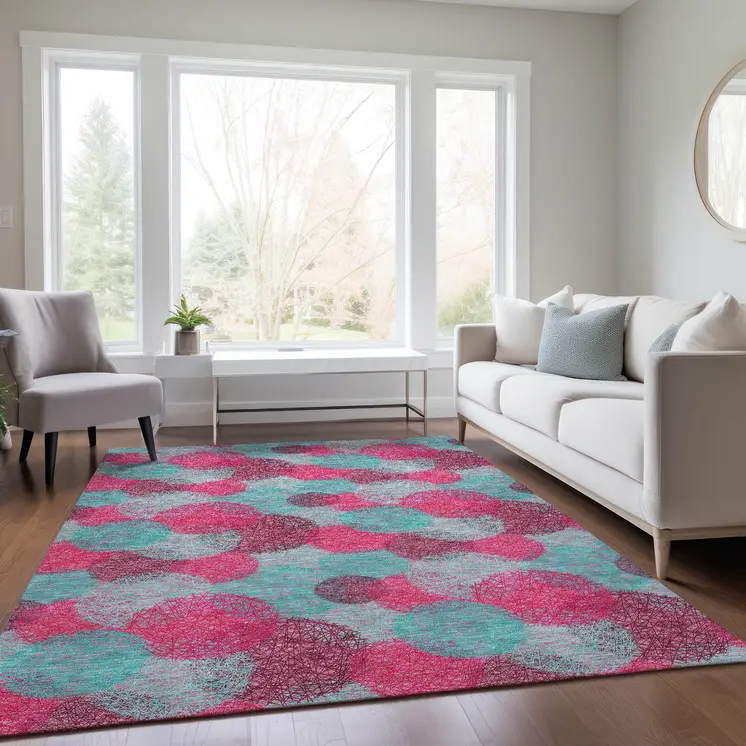 5' X 8' Pink Teal Blue And Burgundy Polka Dot Washable Indoor Outdoor Area Rug