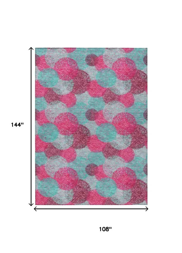 9' X 12' Pink Teal Blue And Burgundy Polka Dot Washable Indoor Outdoor Area Rug