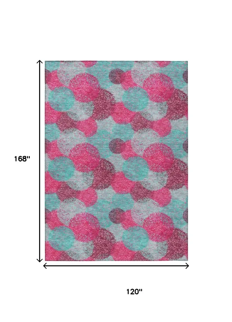 10' X 14' Pink Teal Blue And Burgundy Polka Dot Washable Indoor Outdoor Area Rug