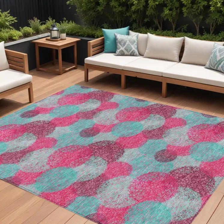 10' X 14' Pink Teal Blue And Burgundy Polka Dot Washable Indoor Outdoor Area Rug