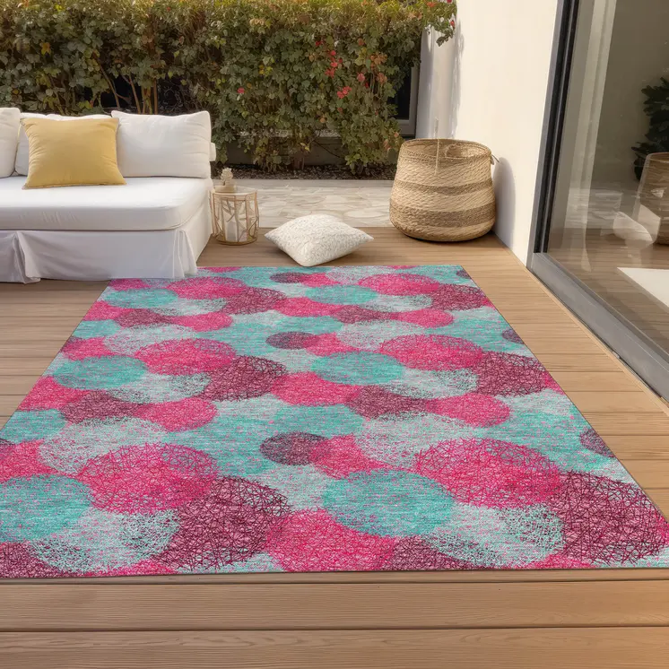 10' X 14' Pink Teal Blue And Burgundy Polka Dot Washable Indoor Outdoor Area Rug