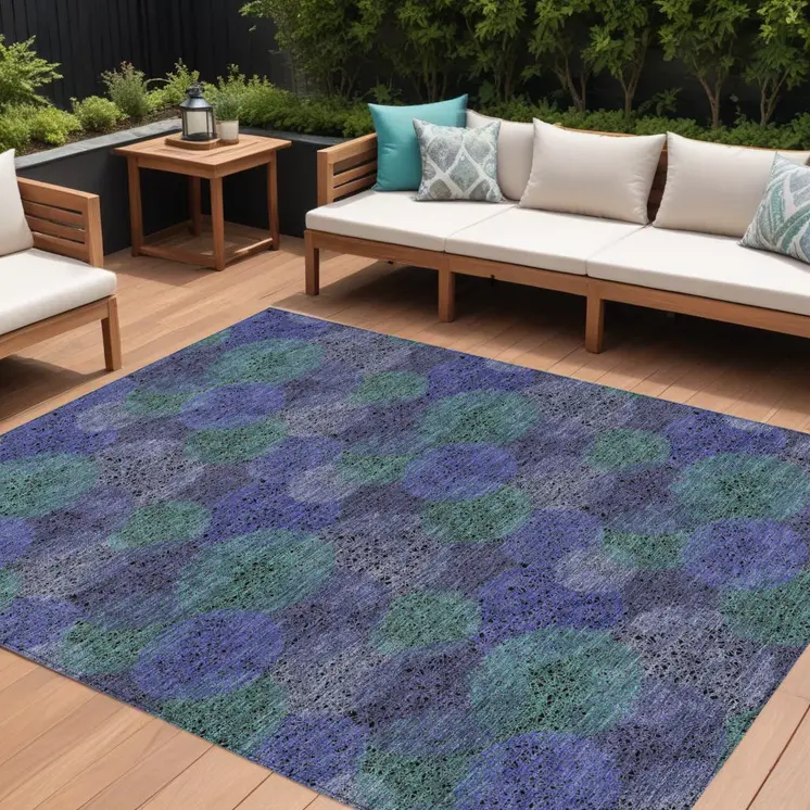 9' X 12' Purple Lavender And Green Polka Dot Washable Indoor Outdoor Area Rug