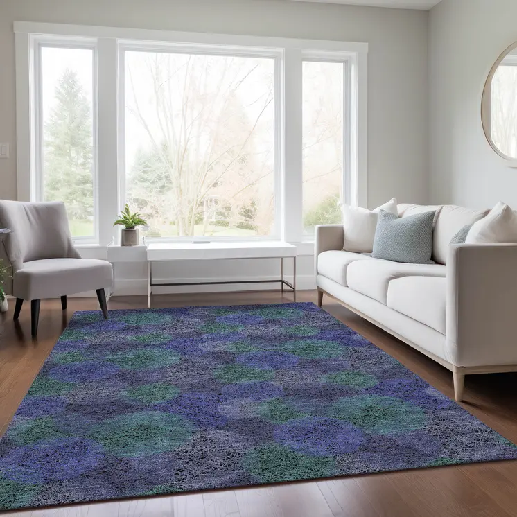 9' X 12' Purple Lavender And Green Polka Dot Washable Indoor Outdoor Area Rug