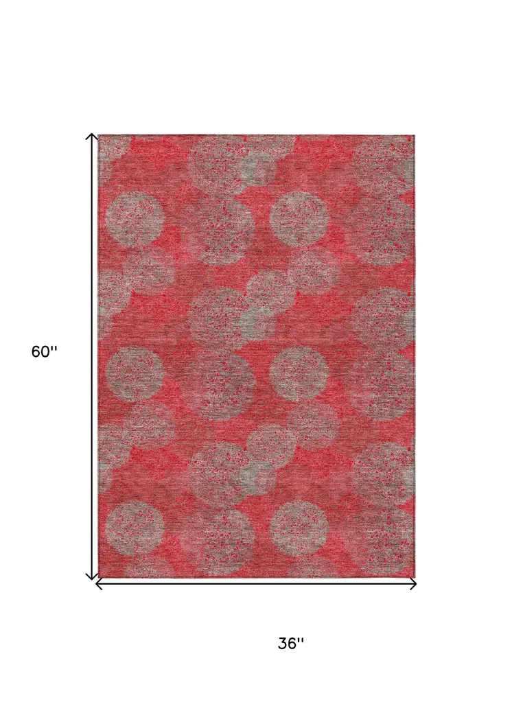 3' X 5' Red Gray And Silver Polka Dot Washable Indoor Outdoor Area Rug