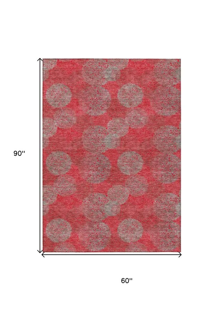 5' X 8' Red Gray And Silver Polka Dot Washable Indoor Outdoor Area Rug
