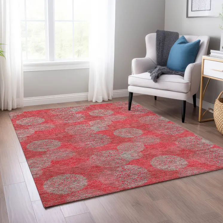 5' X 8' Red Gray And Silver Polka Dot Washable Indoor Outdoor Area Rug
