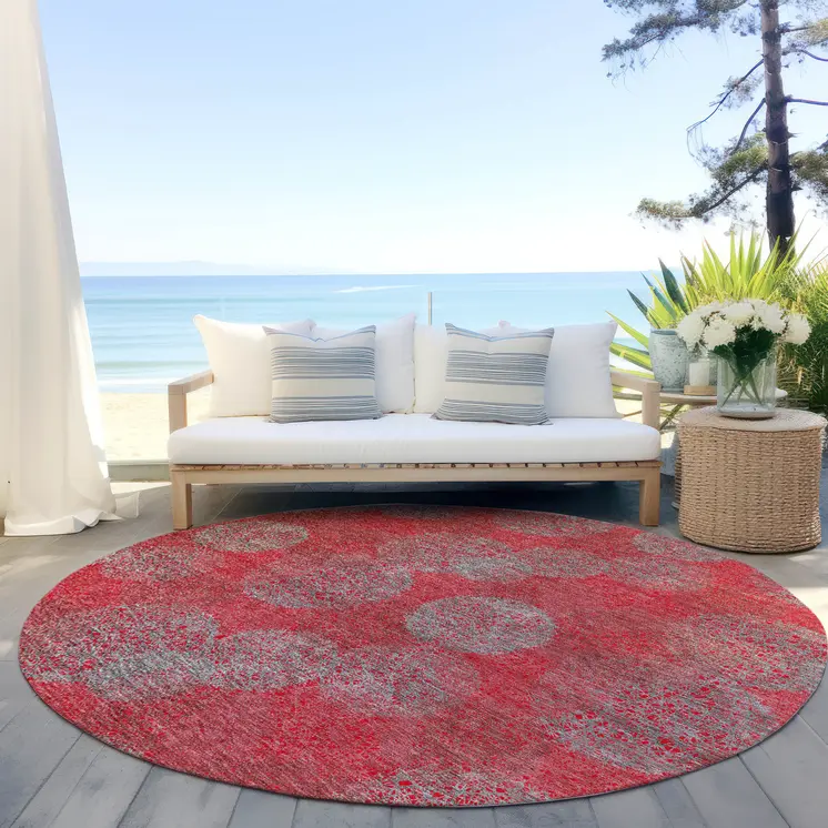 8' Red Gray And Silver Round Polka Dot Washable Indoor Outdoor Area Rug
