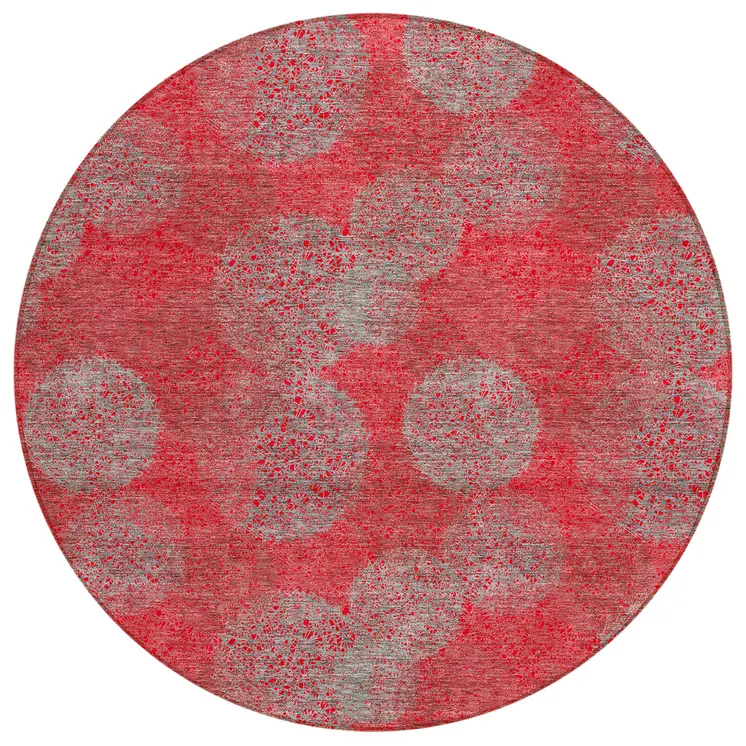 8' Red Gray And Silver Round Polka Dot Washable Indoor Outdoor Area Rug