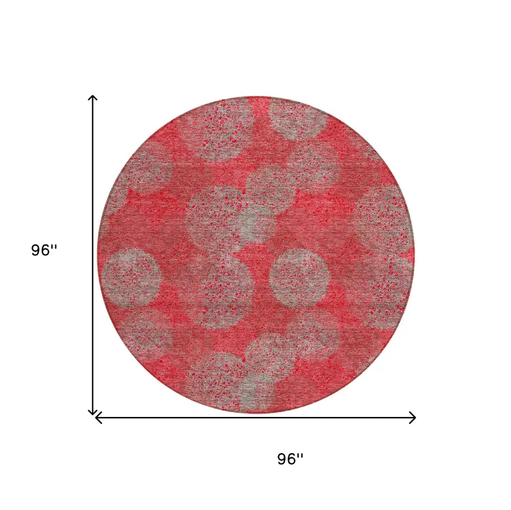8' Red Gray And Silver Round Polka Dot Washable Indoor Outdoor Area Rug