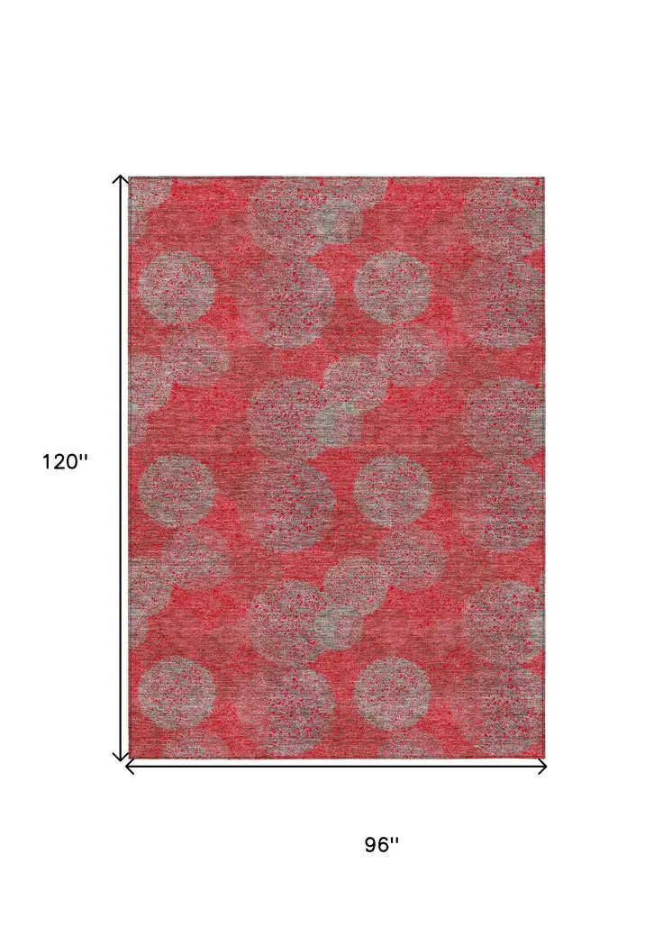 8' X 10' Red Gray And Silver Polka Dot Washable Indoor Outdoor Area Rug