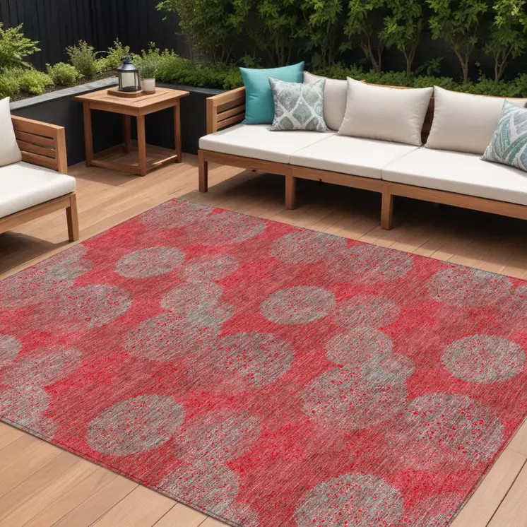 8' X 10' Red Gray And Silver Polka Dot Washable Indoor Outdoor Area Rug