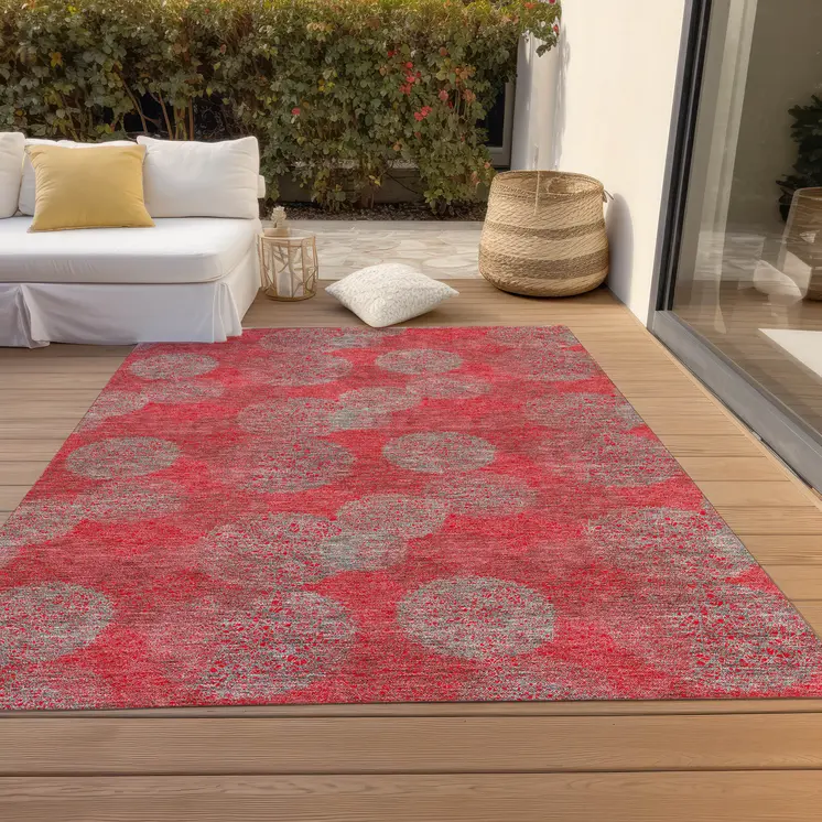 8' X 10' Red Gray And Silver Polka Dot Washable Indoor Outdoor Area Rug