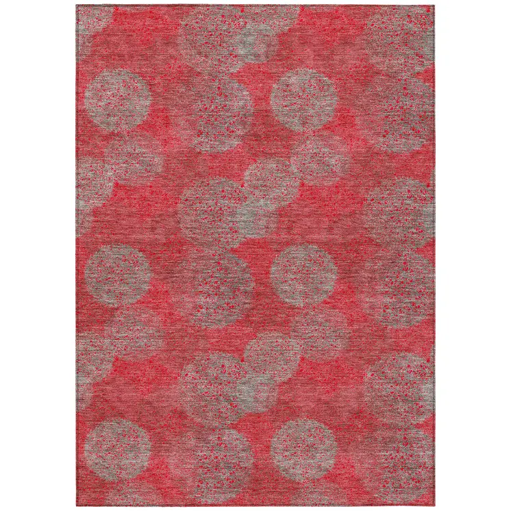 8' X 10' Red Gray And Silver Polka Dot Washable Indoor Outdoor Area Rug