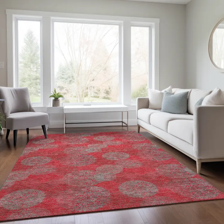 8' X 10' Red Gray And Silver Polka Dot Washable Indoor Outdoor Area Rug