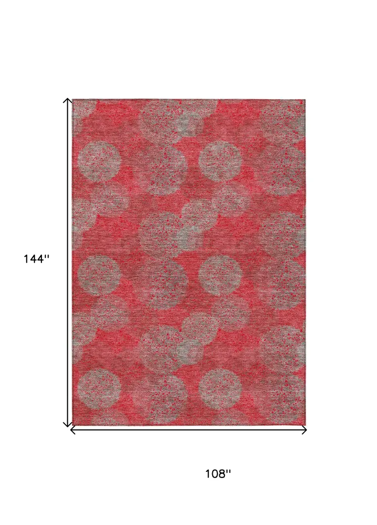 9' X 12' Red Gray And Silver Polka Dot Washable Indoor Outdoor Area Rug