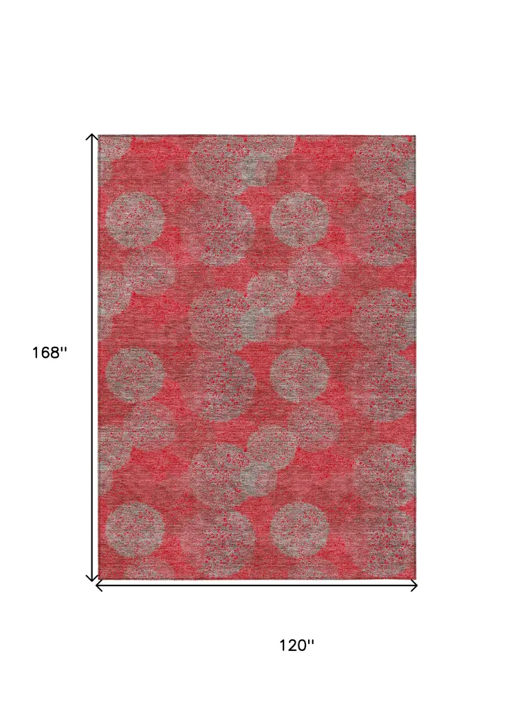 10' X 14' Red Gray And Silver Polka Dot Washable Indoor Outdoor Area Rug