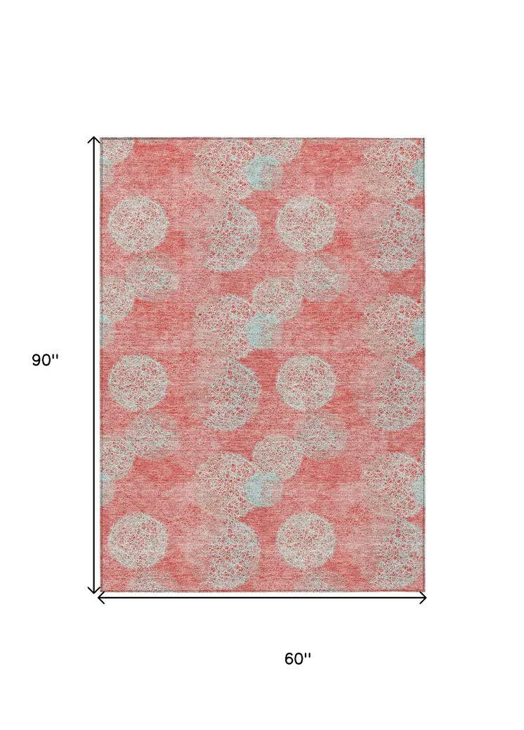 5' X 8' Salmon Ivory And Sky Blue Polka Dot Washable Indoor Outdoor Area Rug
