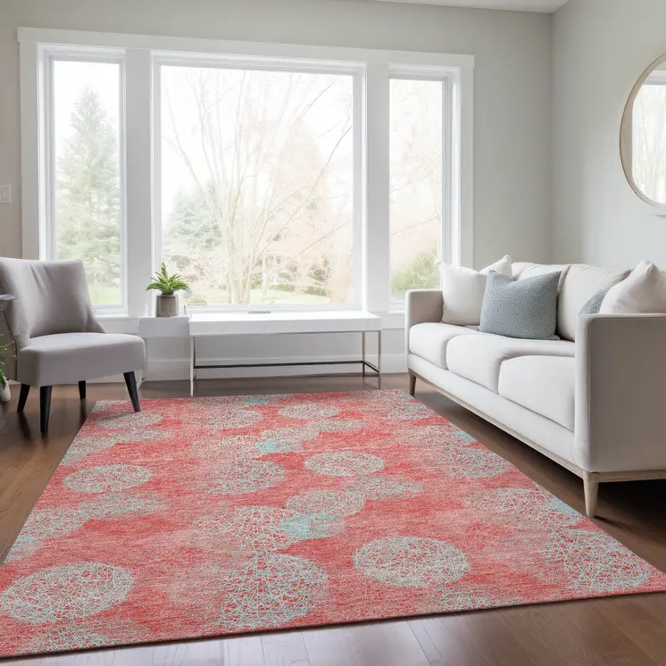 5' X 8' Salmon Ivory And Sky Blue Polka Dot Washable Indoor Outdoor Area Rug