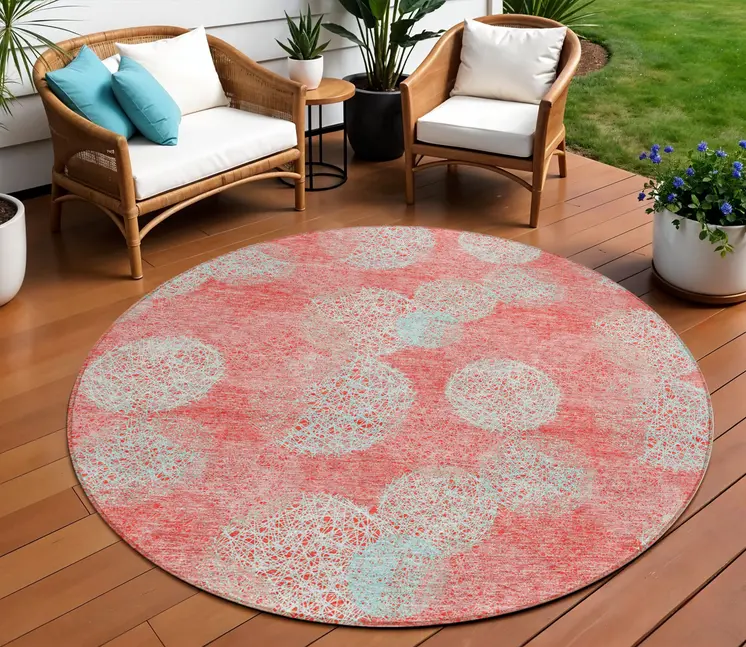 8' Salmon Ivory And Sky Blue Round Polka Dot Washable Indoor Outdoor Area Rug
