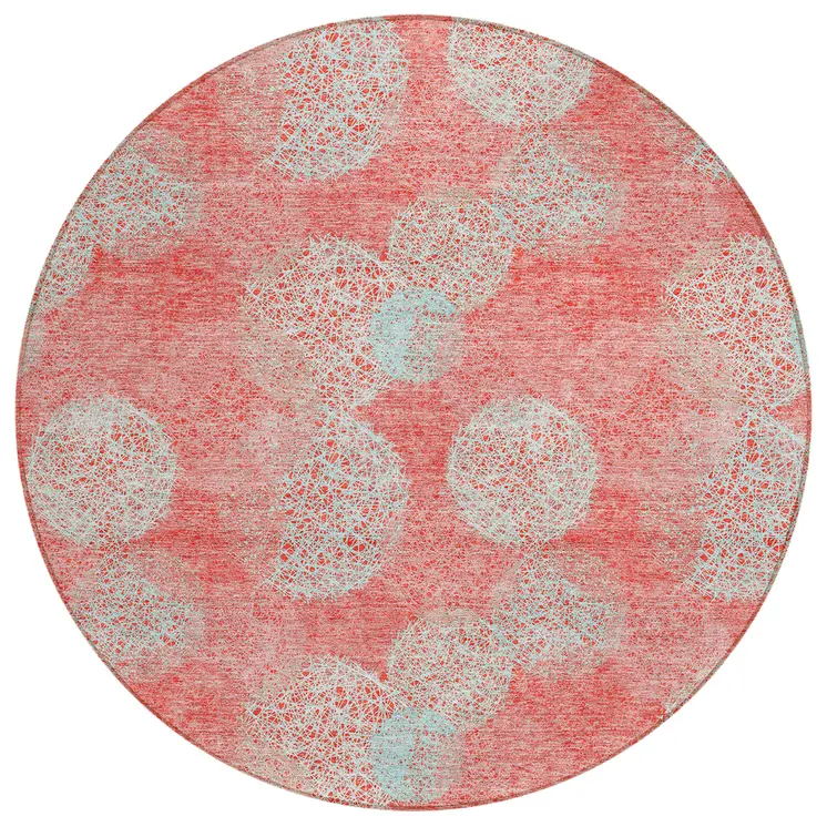 8' Salmon Ivory And Sky Blue Round Polka Dot Washable Indoor Outdoor Area Rug