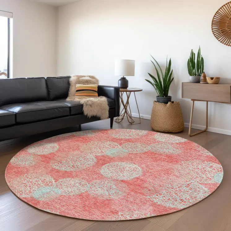 8' Salmon Ivory And Sky Blue Round Polka Dot Washable Indoor Outdoor Area Rug