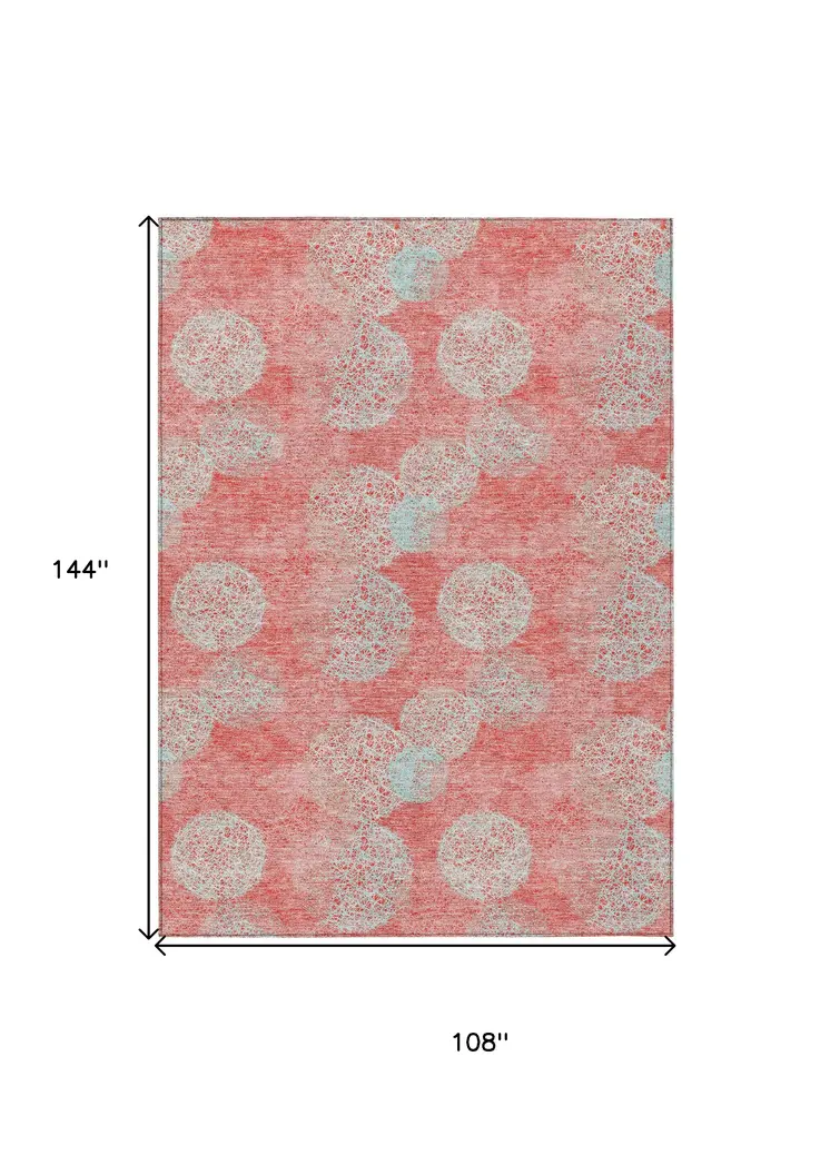 9' X 12' Salmon Ivory And Sky Blue Polka Dot Washable Indoor Outdoor Area Rug