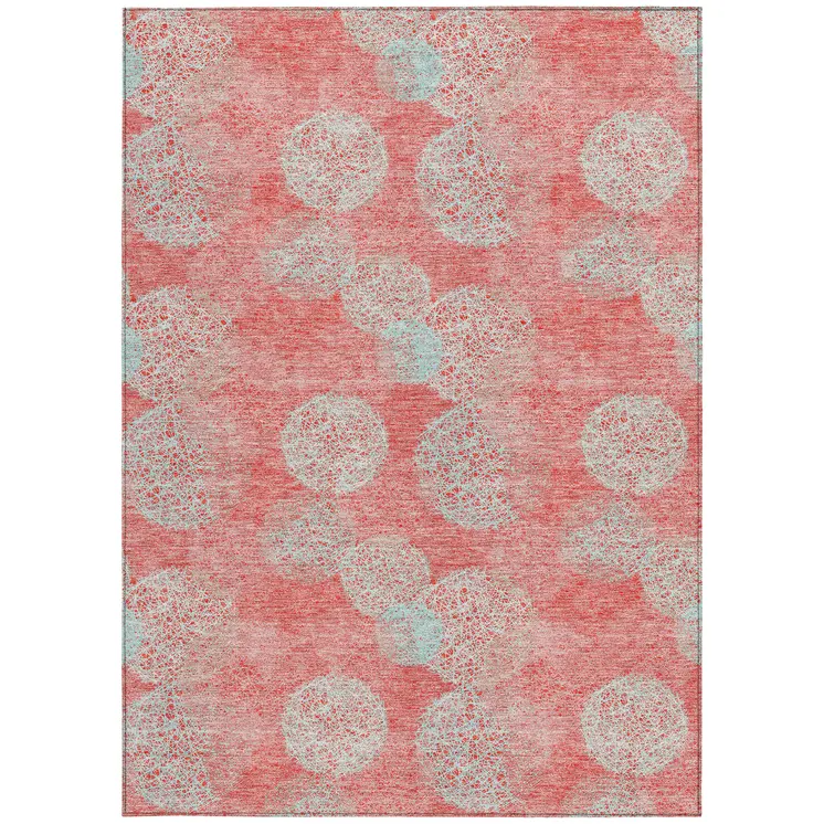 9' X 12' Salmon Ivory And Sky Blue Polka Dot Washable Indoor Outdoor Area Rug