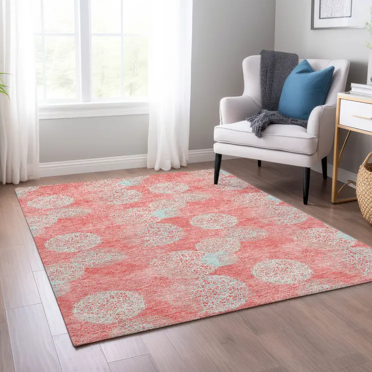 9' X 12' Salmon Ivory And Sky Blue Polka Dot Washable Indoor Outdoor Area Rug