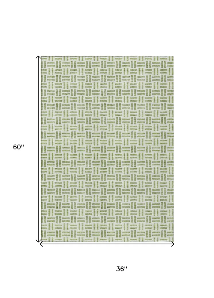 3' X 5' Sage And Ivory Geometric Washable Indoor Outdoor Area Rug