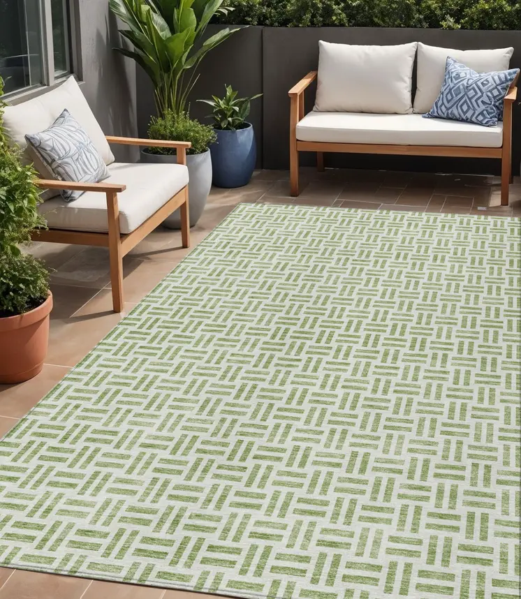 5' X 8' Sage And Ivory Geometric Washable Indoor Outdoor Area Rug