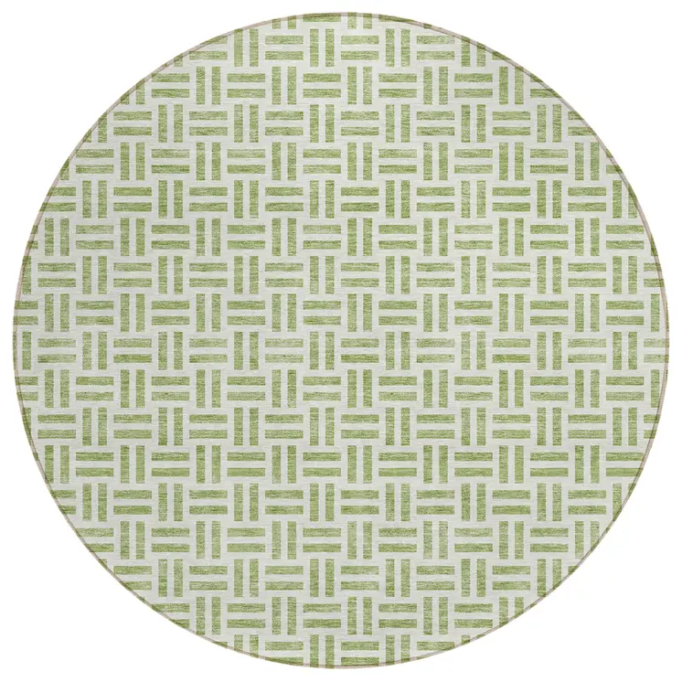 8' Sage And Ivory Round Geometric Washable Indoor Outdoor Area Rug